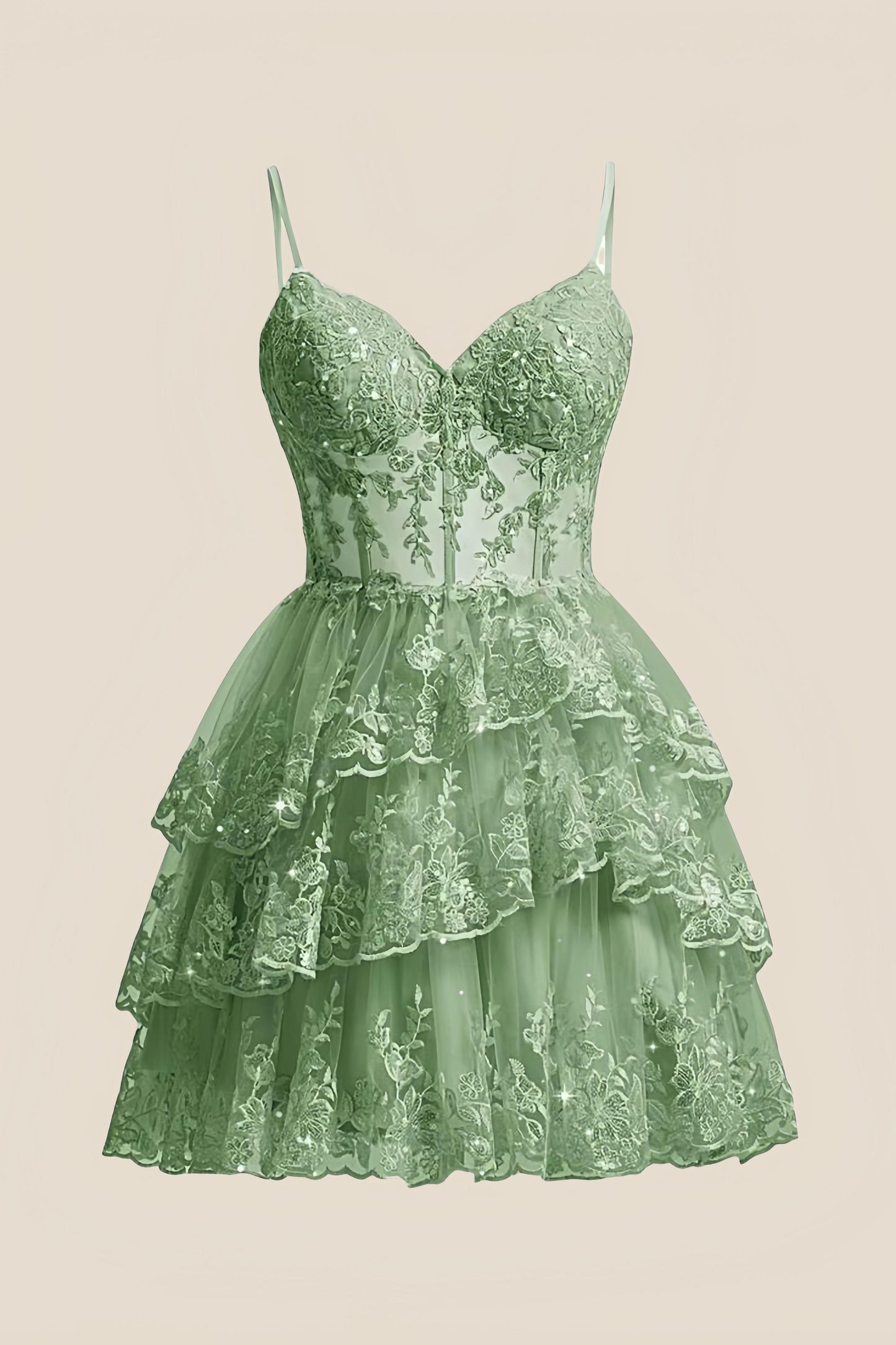 Straps Sage Green Tiered Layered Short Princess Dress