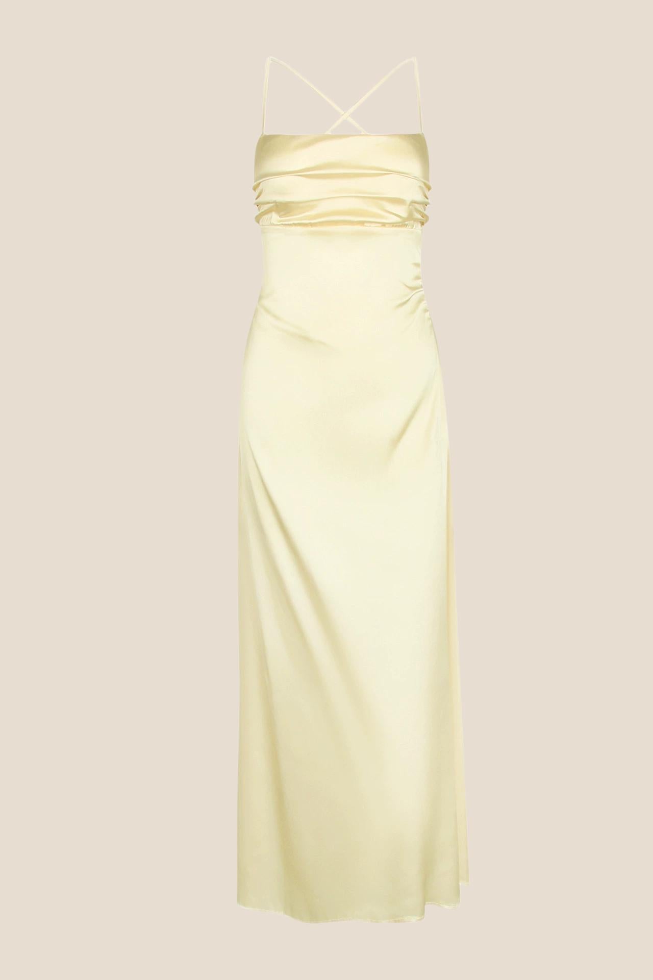 Spaghetti Straps Yellow Back Tie Long Dress