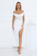 Ivory Veil Off Shoulder Lace Maxi Dress White