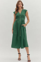 Selene Zip-Front Cap Sleeve Midi Dress