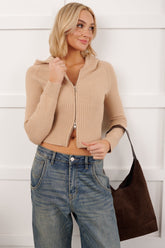 Quietly Content Zip-Up Hooded Knit Jacket (Mocha)