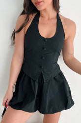 Grace Under Pressure Halter Bubble Hem Mini Dress (Black)
