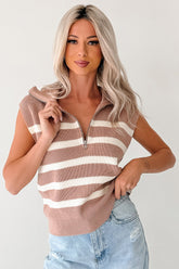 Daily Joys Striped Half-Zip Sweater Vest (Taupe/Cream)