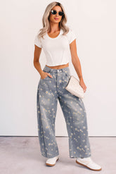 Rae Floral Stripe Wide Leg Barrel Jeans (Denim)