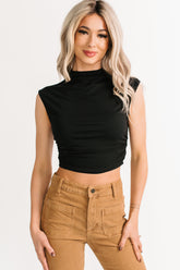 One More Kiss Cap Sleeve Mock Neck Crop Top (Black)
