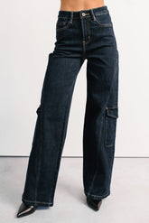 Crosby Wide Leg Mica Denim Cargo Jeans (Dark Wash)