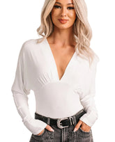 Last Looks Plunging V Neck Long Sleeve Bodysuit (Ivory)