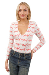 Cupid Loves Me NanaMacs Original Printed V-Neck Bodysuit (White/Red)