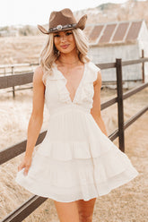 Buttercup Babe Deep V-Neck Ruffle Mini Dress (Cream)
