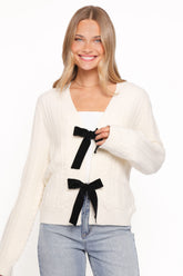 Bree Velvet Bow Cardigan - Cream