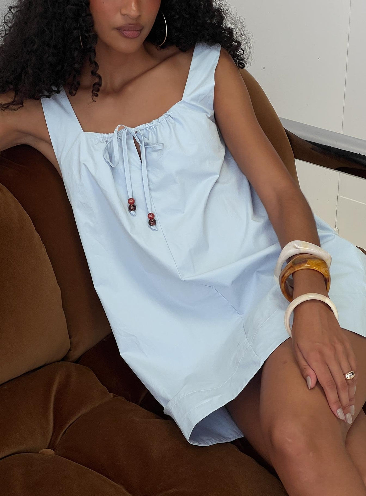 Barbel Square Neck Tie Detail Mini Dress Blue