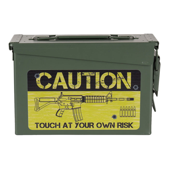 101 Inc Ammobox cal. 30 i militærgrøn med CAUTION-advarsel og rifleskildring.