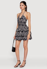 Patterned Keyhole Ruffle Tiered Halter Mini Dress
