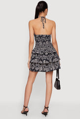 Patterned Keyhole Ruffle Tiered Halter Mini Dress