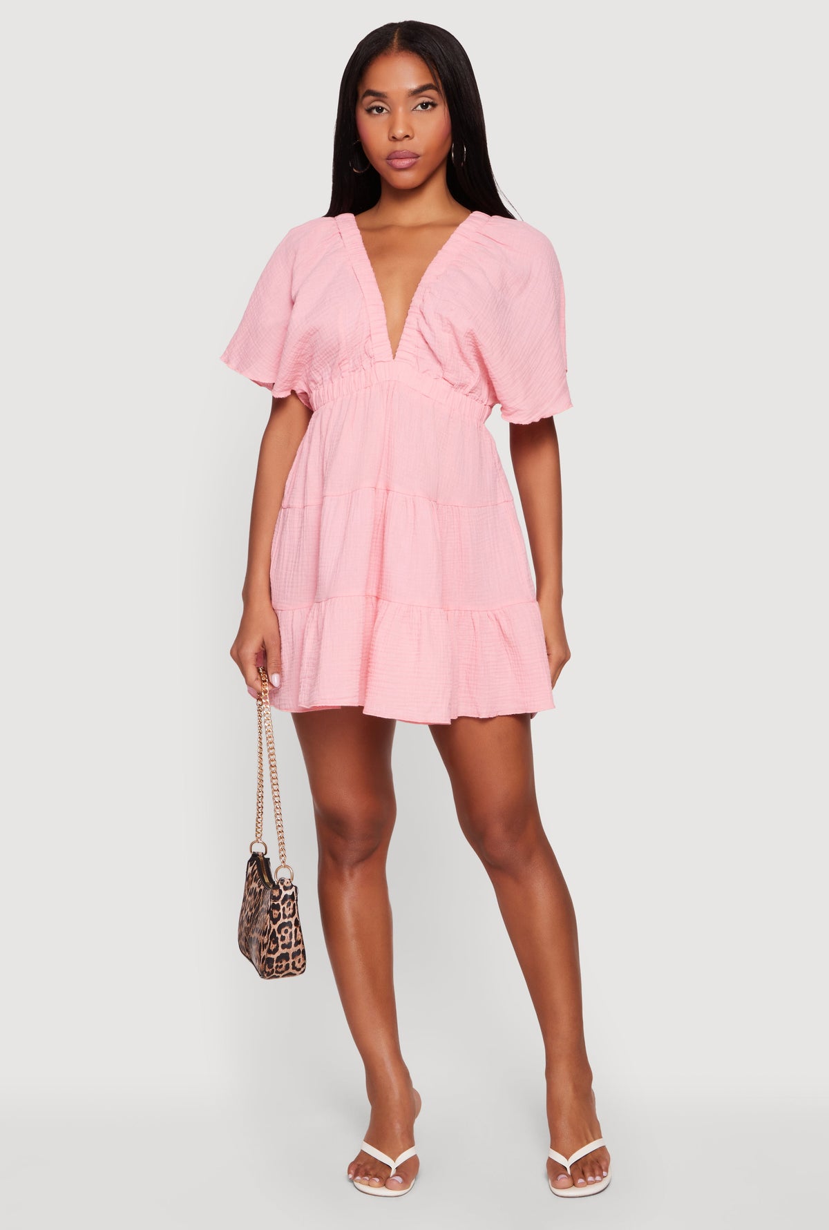 Gauze Knit Plunge Neck Tiered Mini Dress