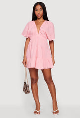 Gauze Knit Plunge Neck Tiered Mini Dress