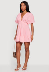 Gauze Knit Plunge Neck Tiered Mini Dress