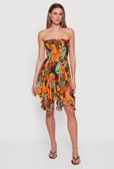 Tropical Print Handkerchief Hem Smocked Strapless Dress
