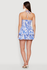 Palm Tree Print Ruffle Tiered Criss Cross Halter Mini Dress