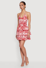 Patterned Keyhole Ruffle Tiered Halter Dress