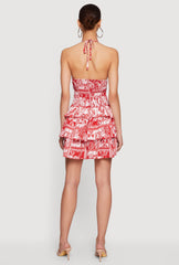 Patterned Keyhole Ruffle Tiered Halter Dress