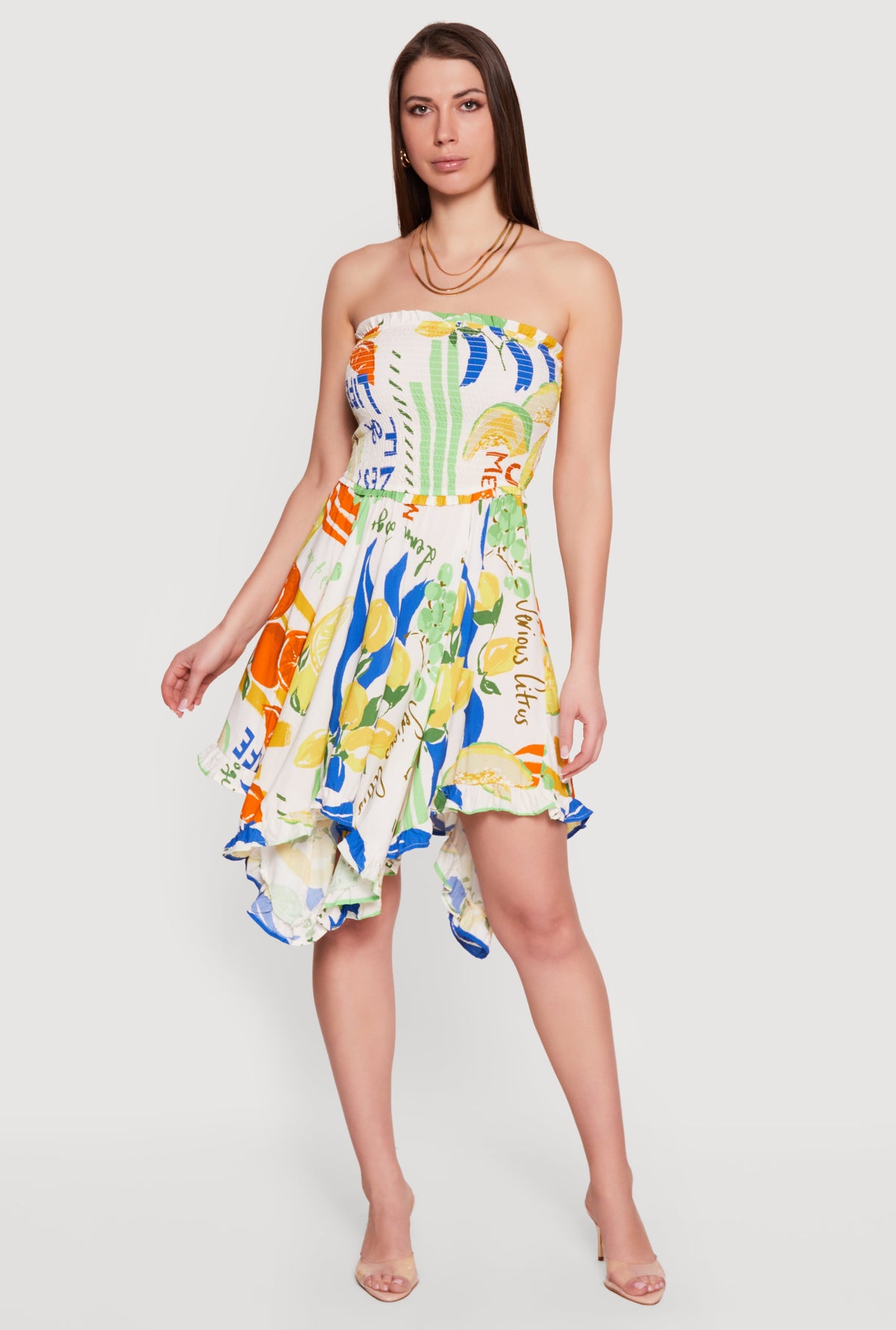 Fruit Print Handkerchief Hem Smocked Strapless Dress