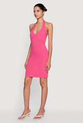 Solid Tie Back Halter Mini Dress