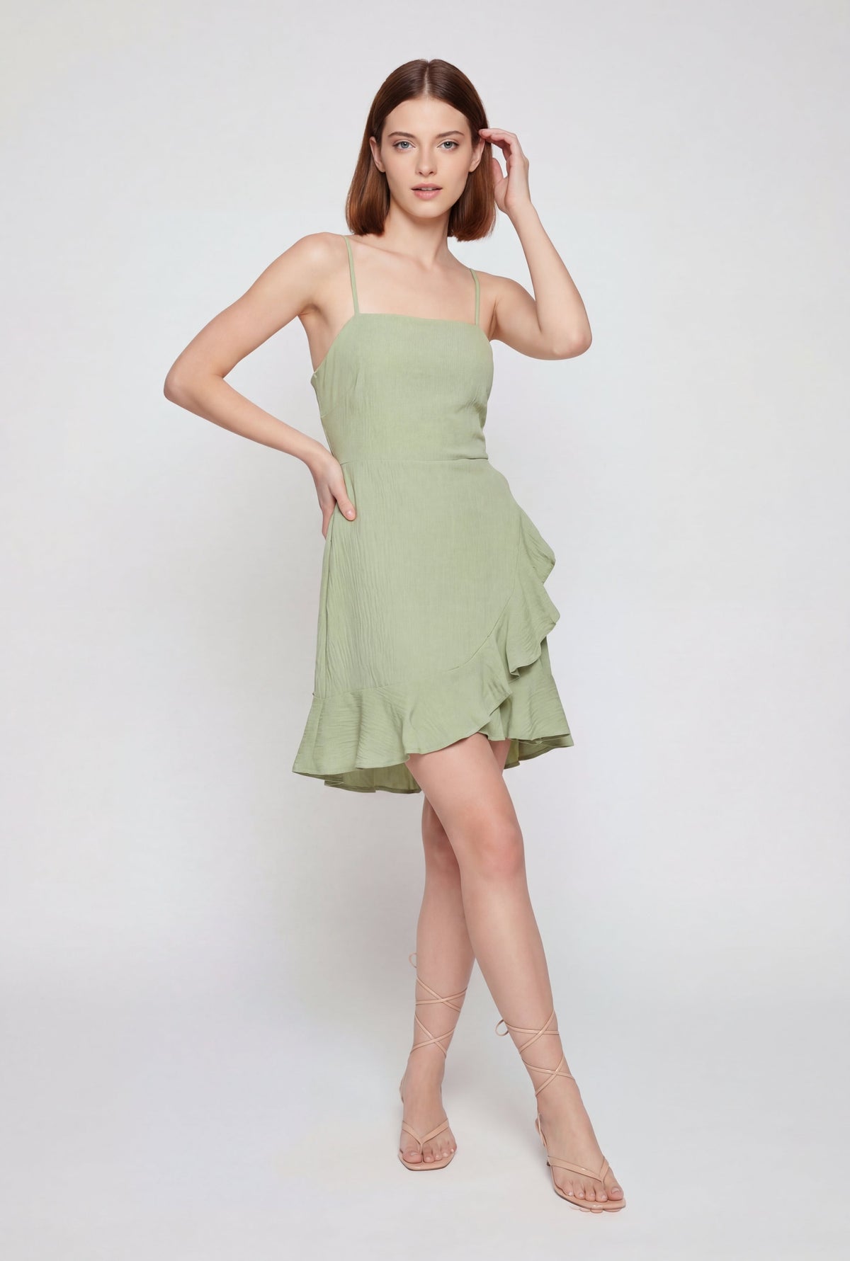 Ruffle Trim Tie Back Keyhole Faux Wrap Dress