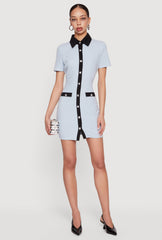 Contrast Trim Button Front Mini Shirt Dress