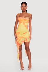 Floral Mesh Overlay Ruffle Trim Mini Dress