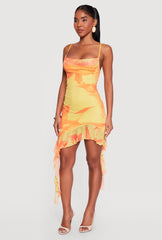 Floral Mesh Overlay Ruffle Trim Mini Dress