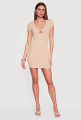 Short Sleeve Metallic Pendant Bodycon Mini Dress