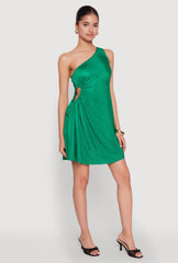 Plisse One Shoulder Drawstring Keyhole Mini Dress