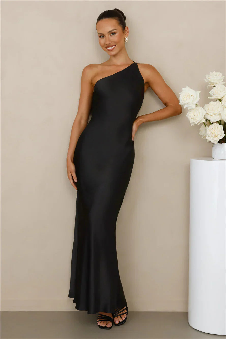 The Evangeline One Shoulder Satin Maxi Dress Black