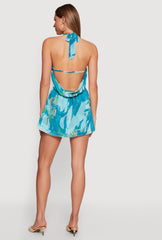 Abstract Floral Chiffon Low Back Halter Mini Dress