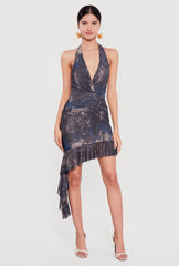 Asymmetrical Ruffle Trim Ruched Mesh Halter Dress