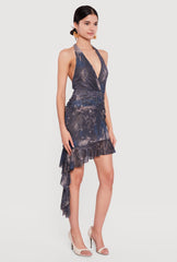 Asymmetrical Ruffle Trim Ruched Mesh Halter Dress