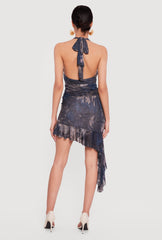 Asymmetrical Ruffle Trim Ruched Mesh Halter Dress