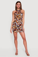 Abstract Print Mesh Ruffle Mini Dress