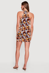 Abstract Print Mesh Ruffle Mini Dress