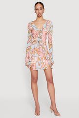 Patterned Mesh Tie Front Ruffled Mini Dress
