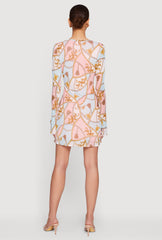 Patterned Mesh Tie Front Ruffled Mini Dress