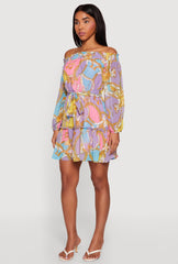 Chain Print Off The Shoulder Tie Waist Belted Dress