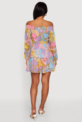 Chain Print Off The Shoulder Tie Waist Belted Dress