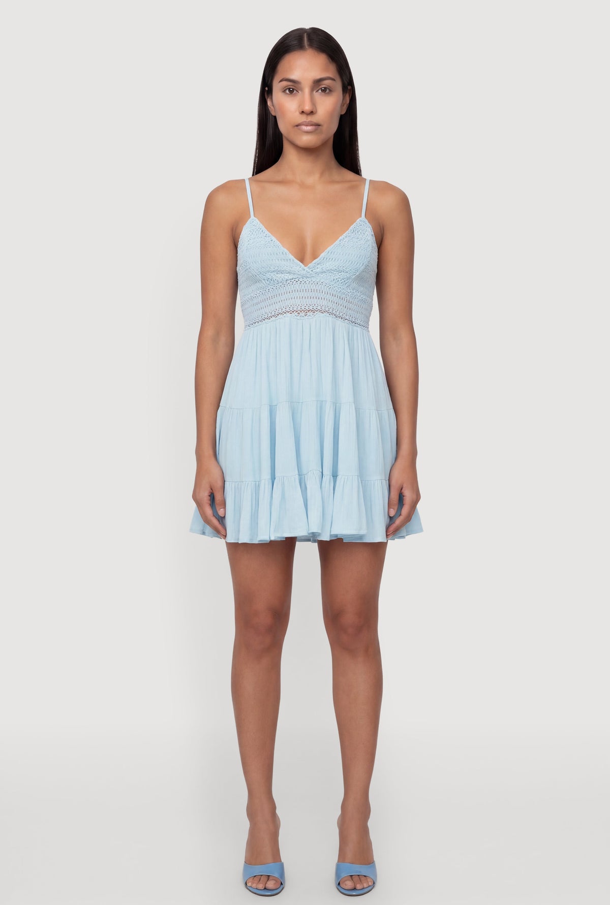 Crochet Detail Tiered Ruffle Trim Dress