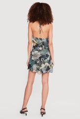 Floral Mesh Ruffle Trim Halter Mini Dress