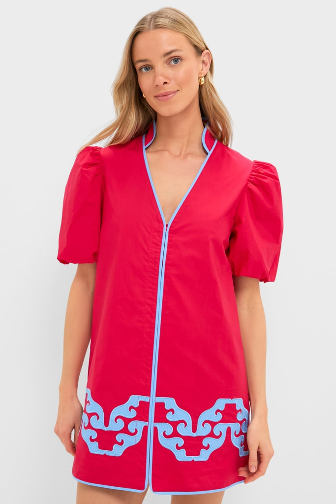 Red & Cornflower Blue Embroidered Arem Caftan