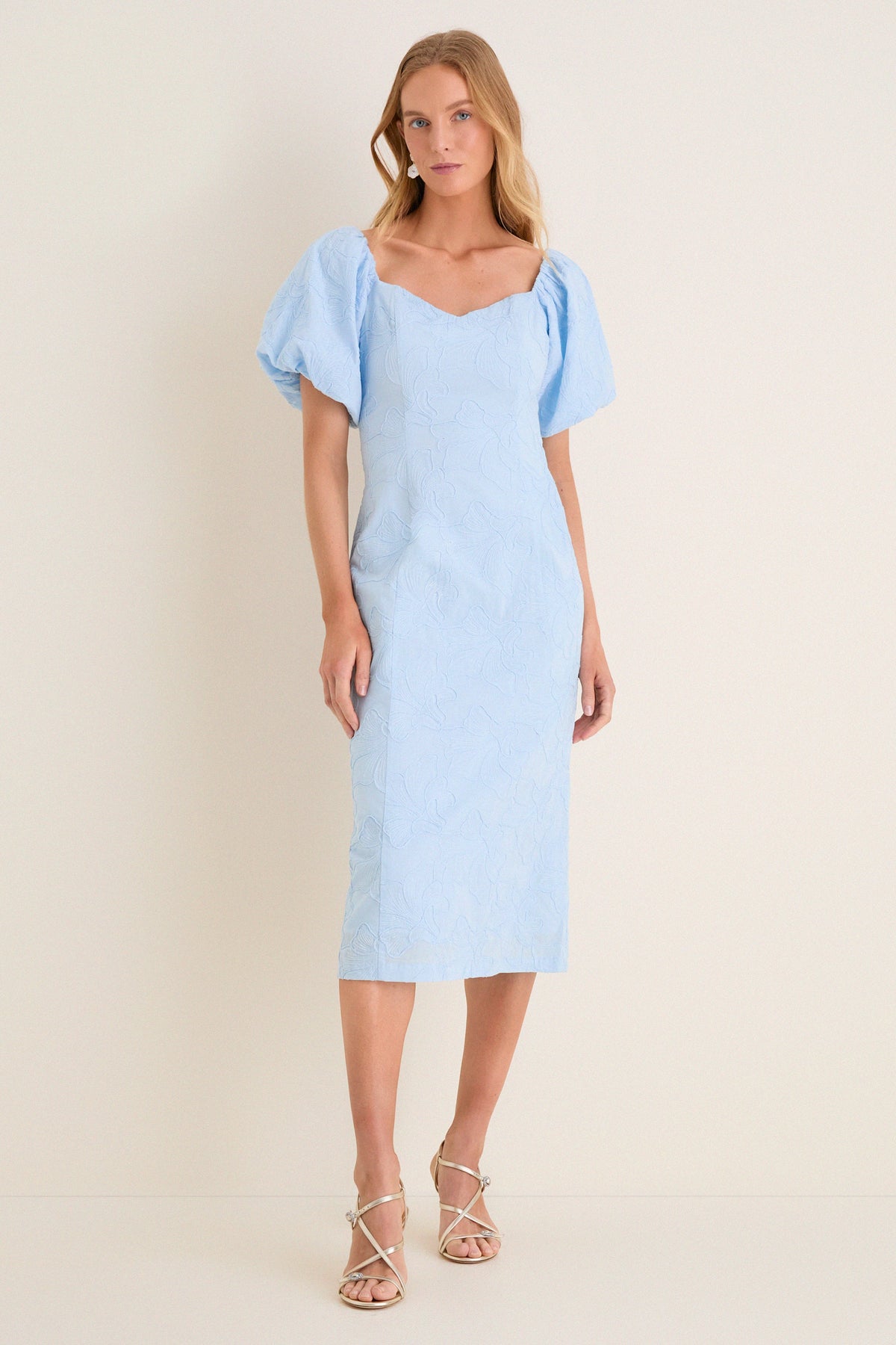 Pale Blue Embroidered Ginkgo Leaf Sallie Midi Dress