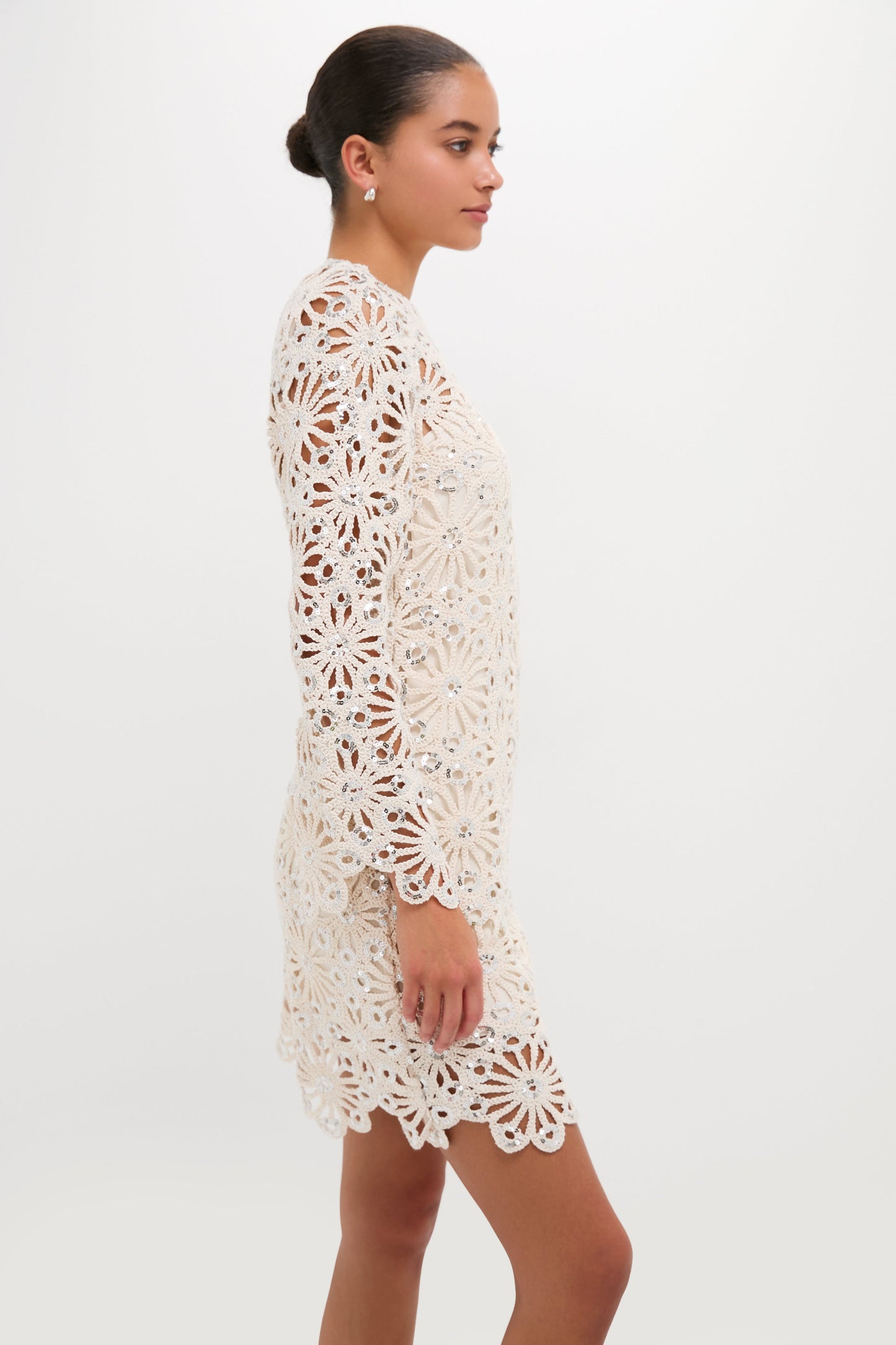 Beige Sequined Crochet Carrie Mini Dress