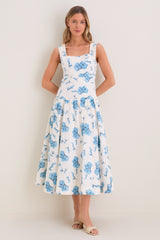 Cream & Blue Floral Pearl Trim Persephone Maxi Dress